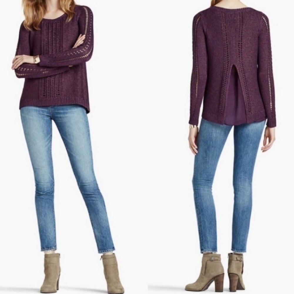 LUCKY BRAND size Small Metallic Knit Open Back Lined Weatern Sweater Purple